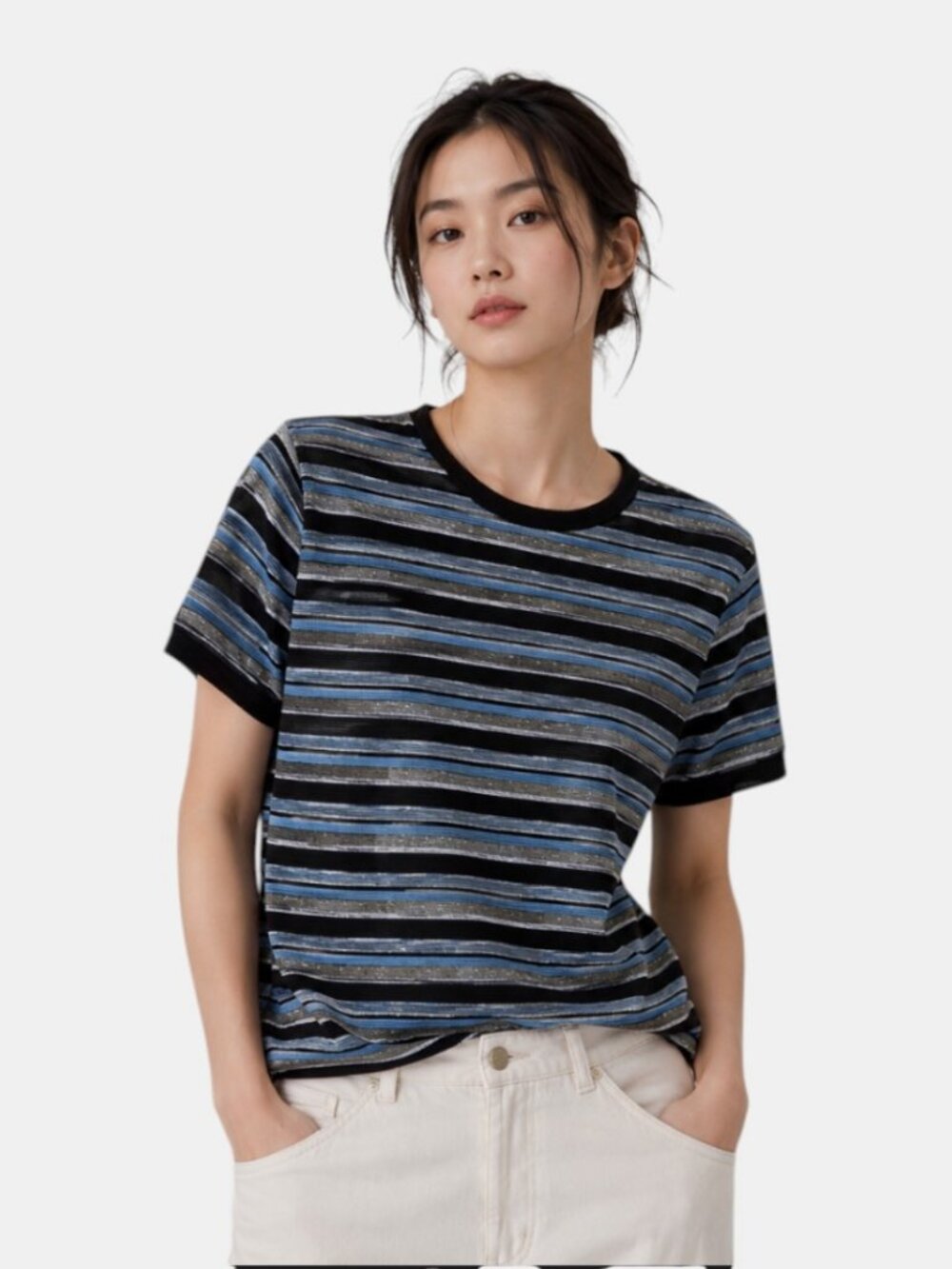 KASPER WOMEN'S STRIPED KNIT TOP BLACK SILVER BLUE GRAY SHORT SLEEVE NWOT SIZE 16